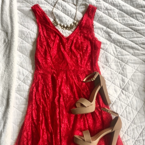 Express Dresses & Skirts - 🌹Express Red Lace Double V Neck Fit & Flare Dress
